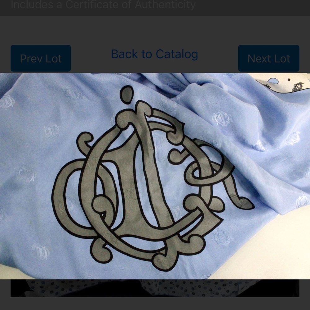 Authentic Dior White and Light Blue Polka Dot Silk Scarf with Black Emblem - Picture 6 of 7
